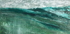 A Better World 14, white and blue oil painting of ocean waves, abstract water