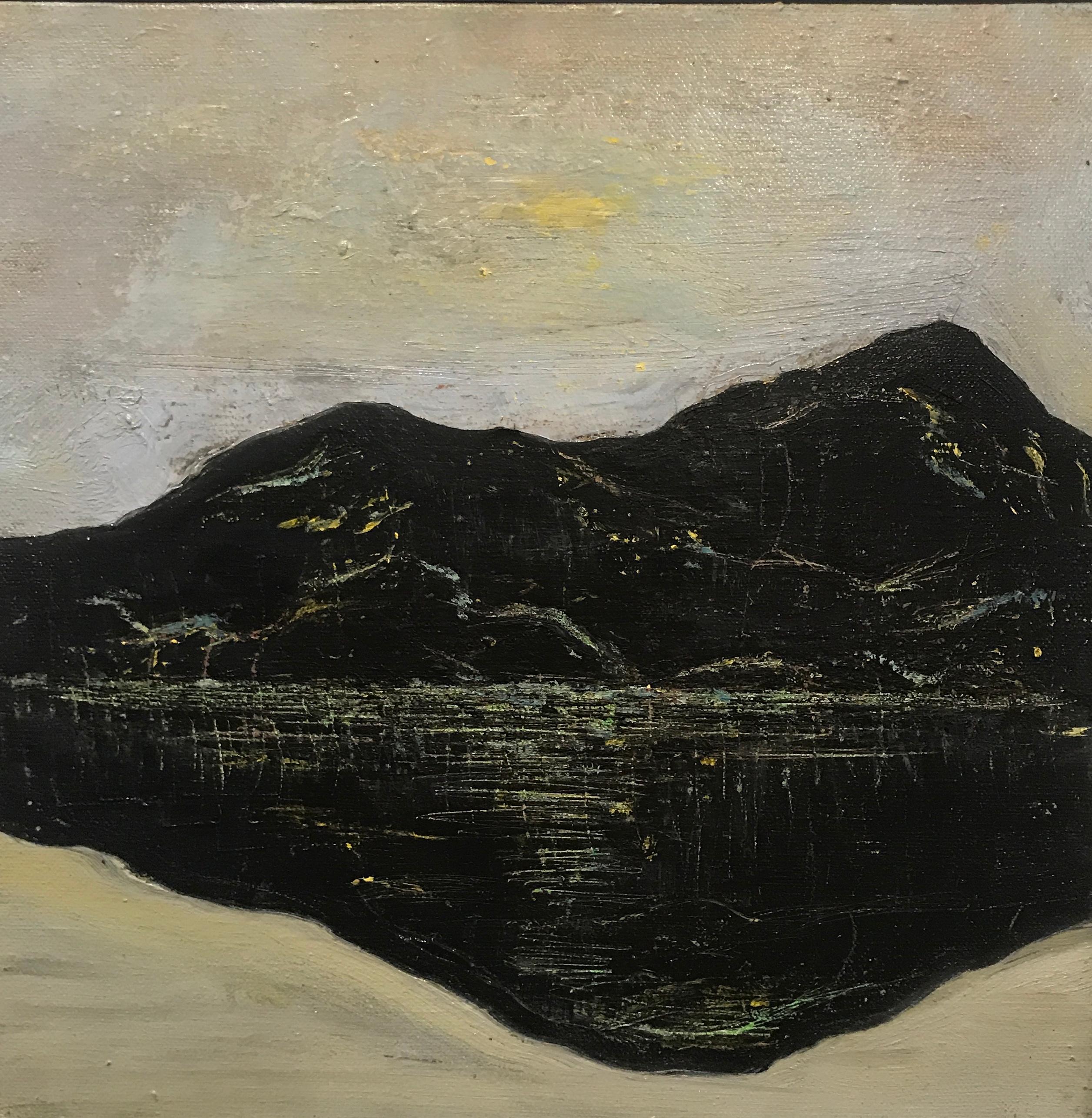 Deborah Freedman Landscape Painting - Ashokan Dreams, black and beige oil painting on canvas, mountain