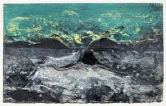 The End of Snow 17, oil painting on paper, green and black, abstracted landscape