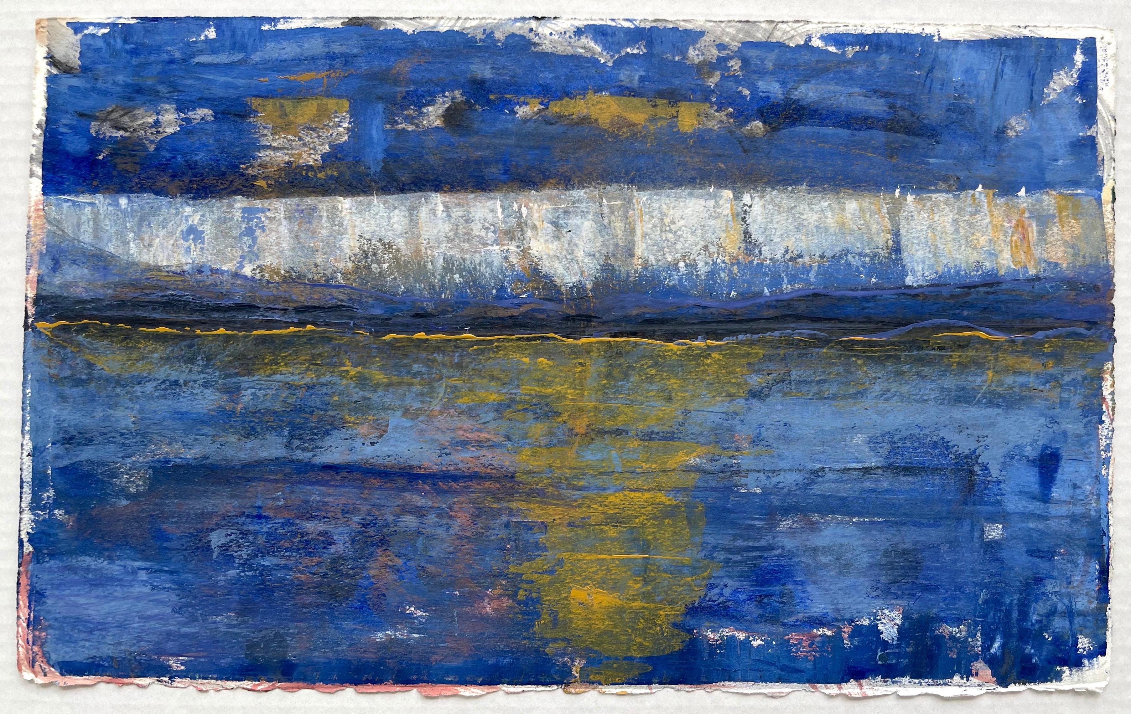 Deborah Freedman Abstract Painting - The End of Snow 18, oil painting on paper, blue and yellow, abstracted landscape