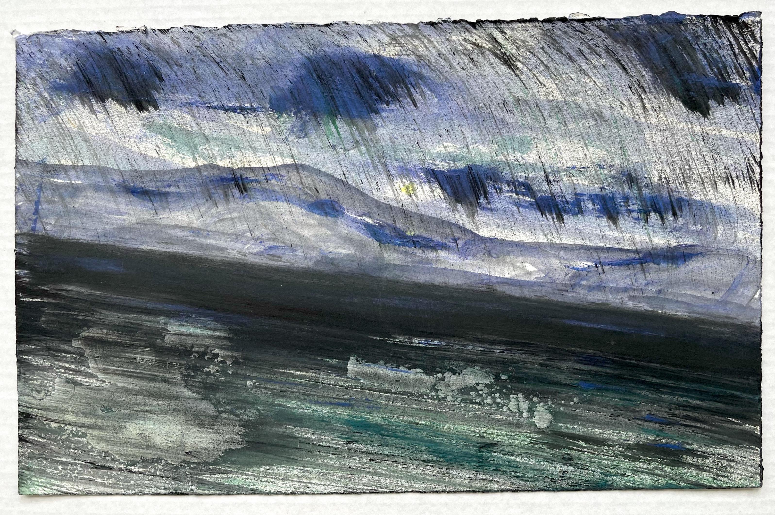 Deborah Freedman Landscape Painting - The End of Snow 25, oil painting on paper, black and blue, abstract landscape