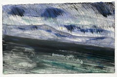 The End of Snow 25, oil painting on paper, black and blue, abstract landscape