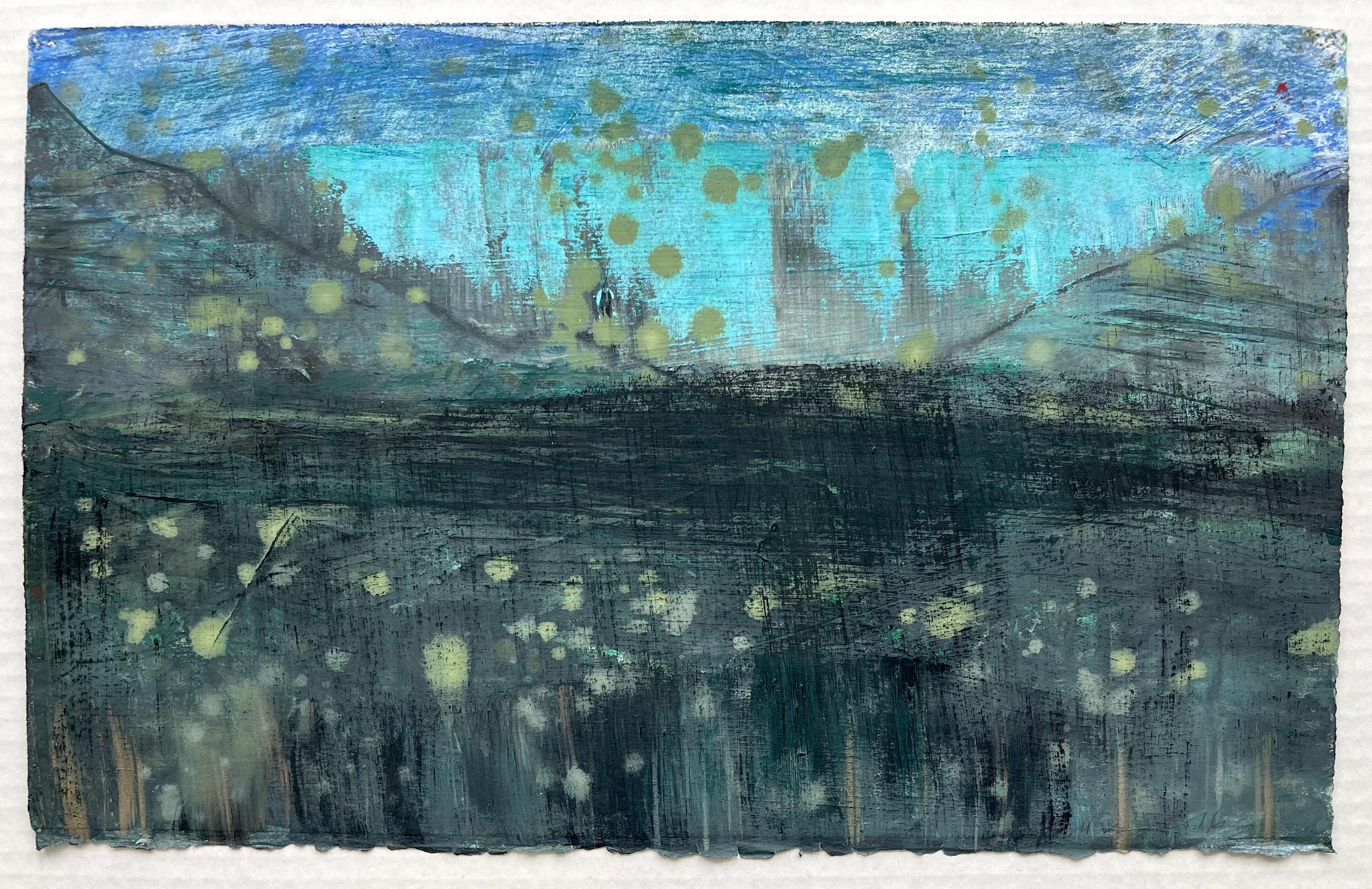 Deborah Freedman Abstract Painting - The End of Snow 8, oil painting on paper, blue and black, abstracted landscape