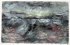 The End of Snow 9, oil painting on paper, black and white, abstracted landscape