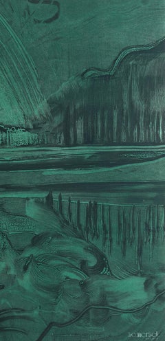 Deborah Freedman, "Watershed #11", monoprint, paesaggio verde e albero