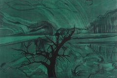 Deborah Freedman, "Watershed #11", monoprint, paesaggio verde e albero