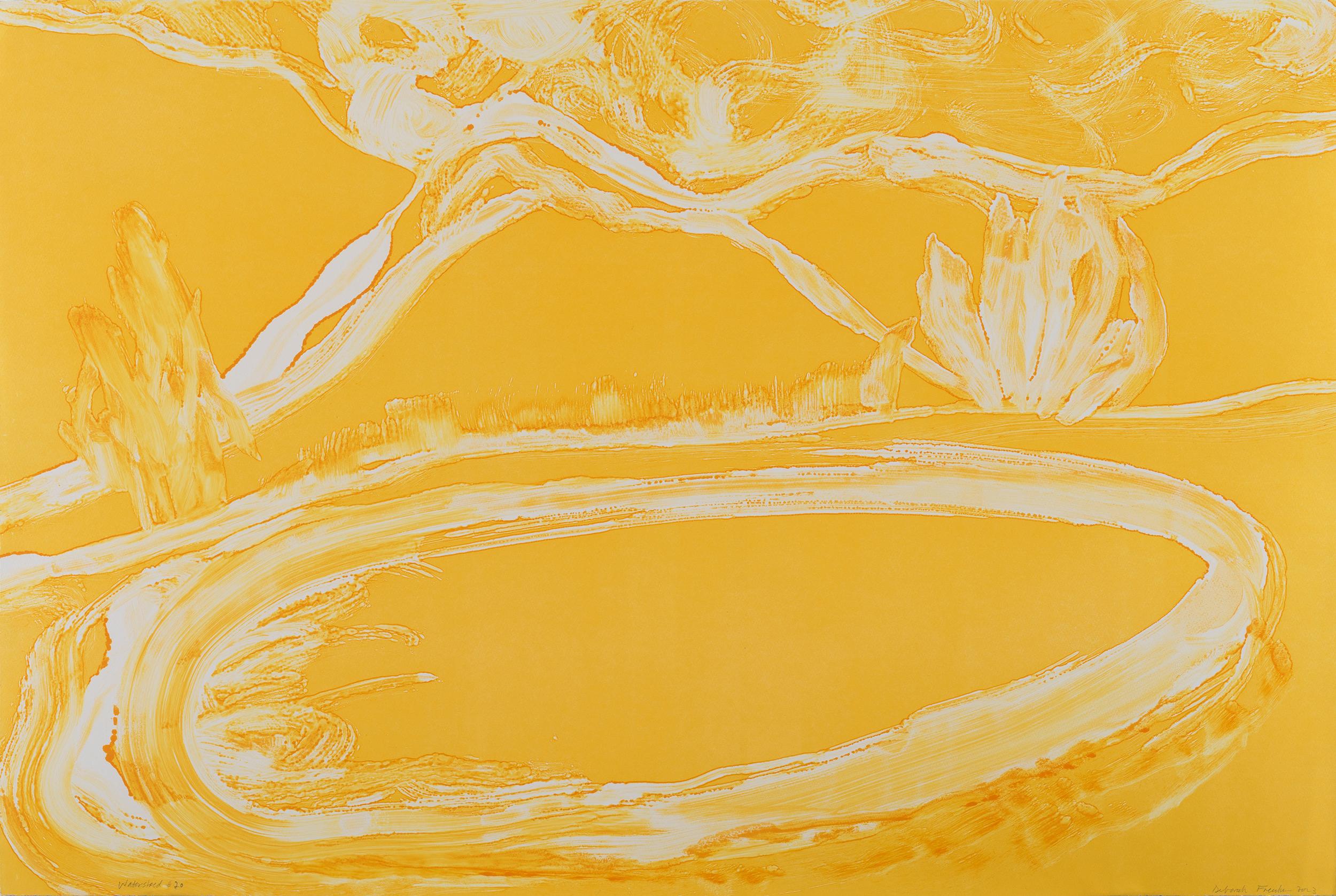 Deborah Freedman, "Watershed #20" monoprint, yellow landscape