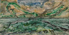 "Every Breaking Wave 17", abstract landscape monoprint, green, blue, ochre.