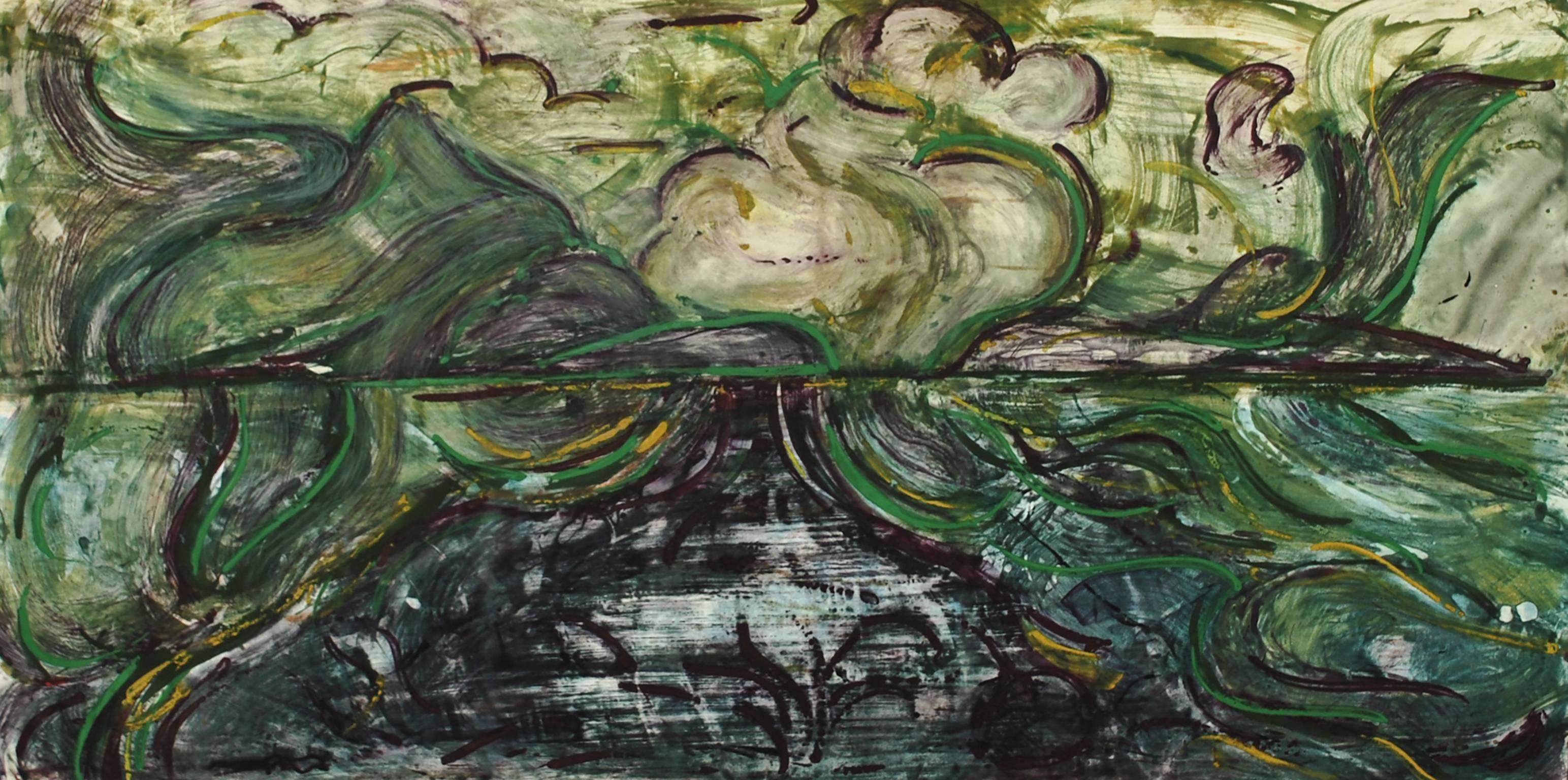 Deborah Freedman Landscape Print - Every Breaking Wave 20, abstract landscape monoprint, muted grays, blue, yellows