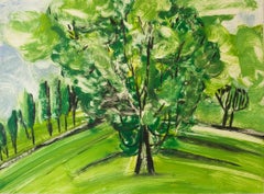 "Hyde Park Three", abstract tree monoprint, greens and yellows, black.