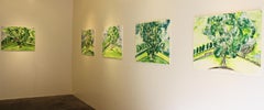 "Hyde Park, One", painterly abstract tree print, greens, yellows, blue, cream.