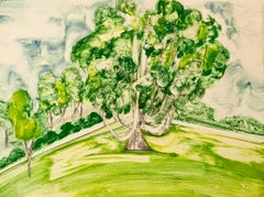 "Hyde Park, One", painterly abstract tree print, greens, yellows, blue, cream.