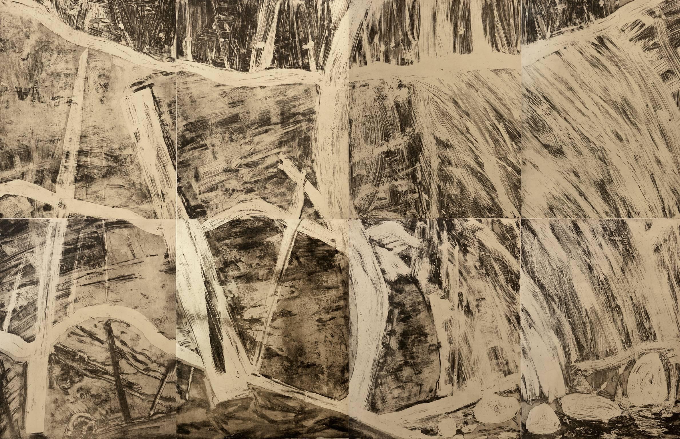 Deborah Freedman Landscape Print - Waterfall Suite/Cream, modern etching print, waterfall, graphite, cream paper