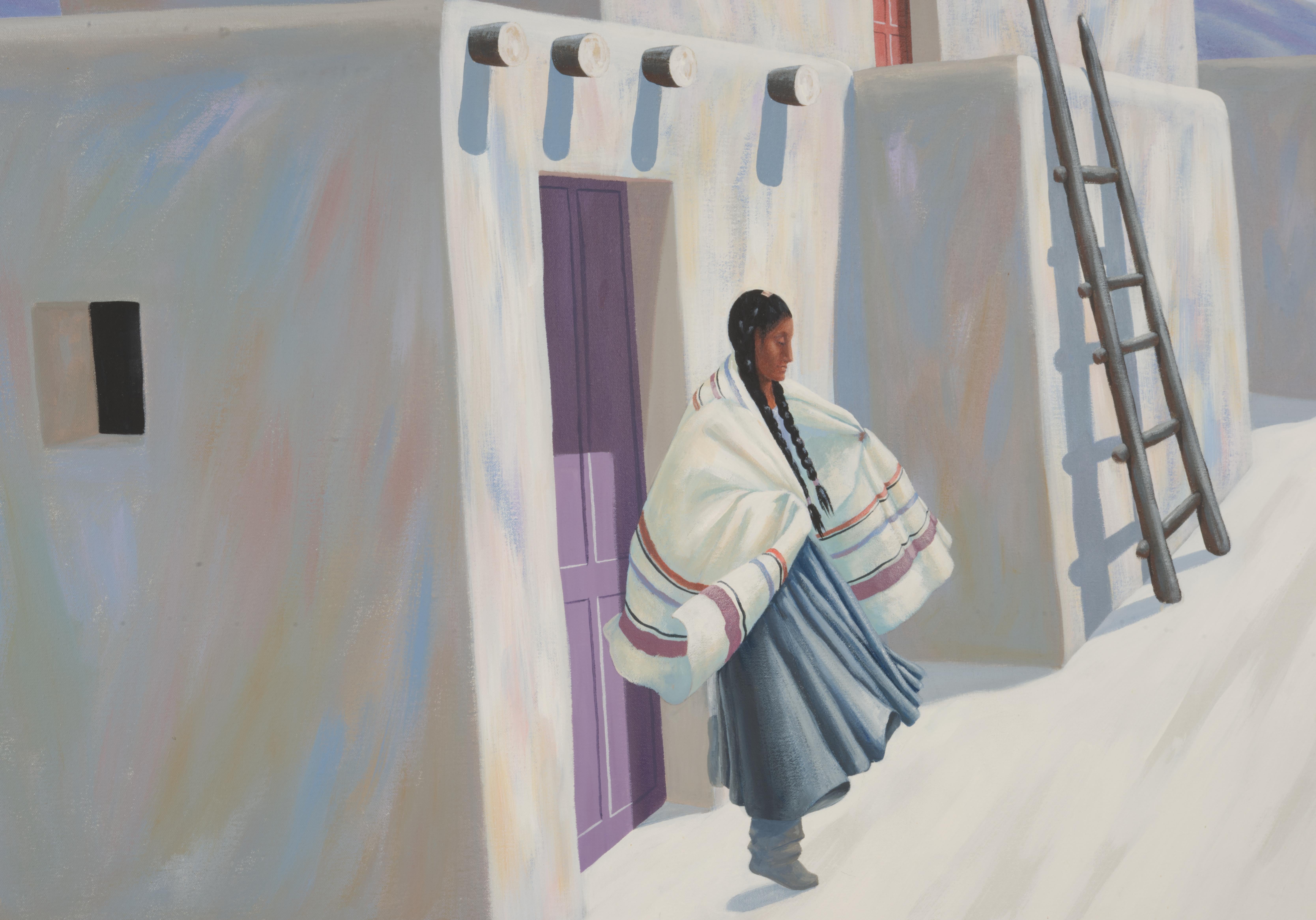 Hand-Painted Deborah Hiatt, acrylic on canvas painting, Pueblo Indian Scene, 1987 For Sale