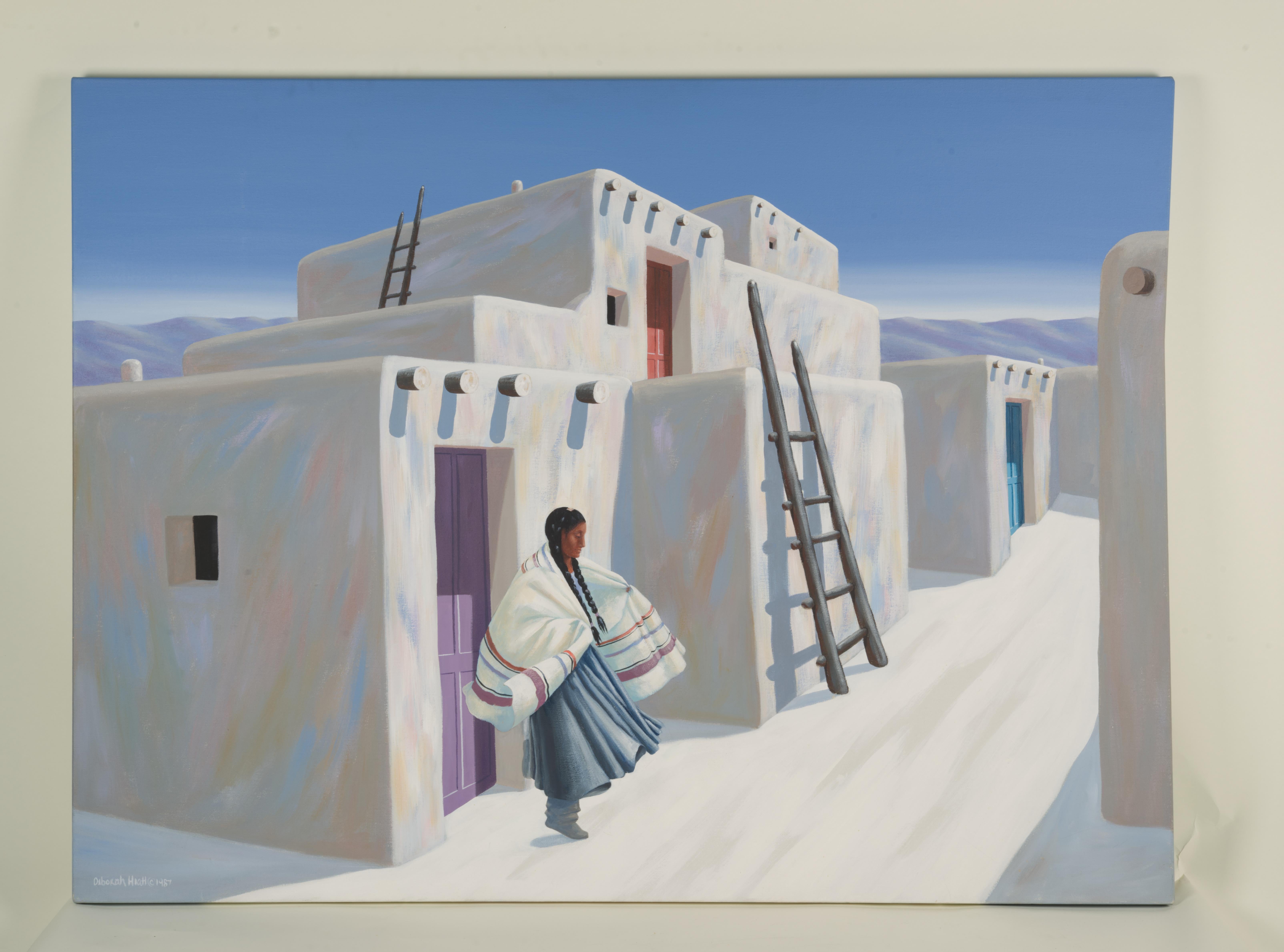 Deborah Hiatt, acrylic on canvas painting, Pueblo Indian Scene, 1987 In Good Condition For Sale In Clifton Springs, NY