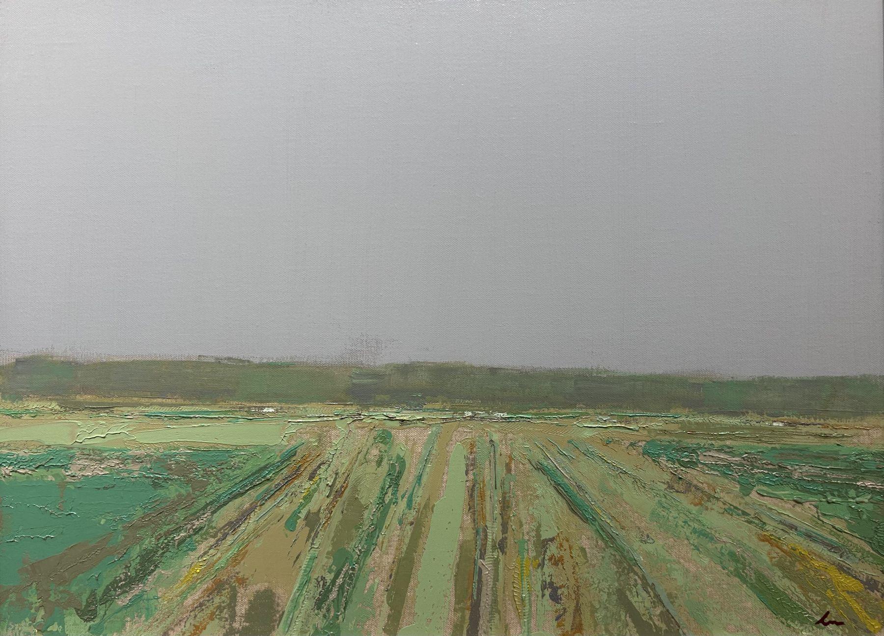 This piece, "California Fields" is a 18x24 contemporary oil painting on canvas by artist Deborah Hill. Featured is a view of abstract textured lines that give the impression of rows of harvest in a lush green field. While a gray sky and distant