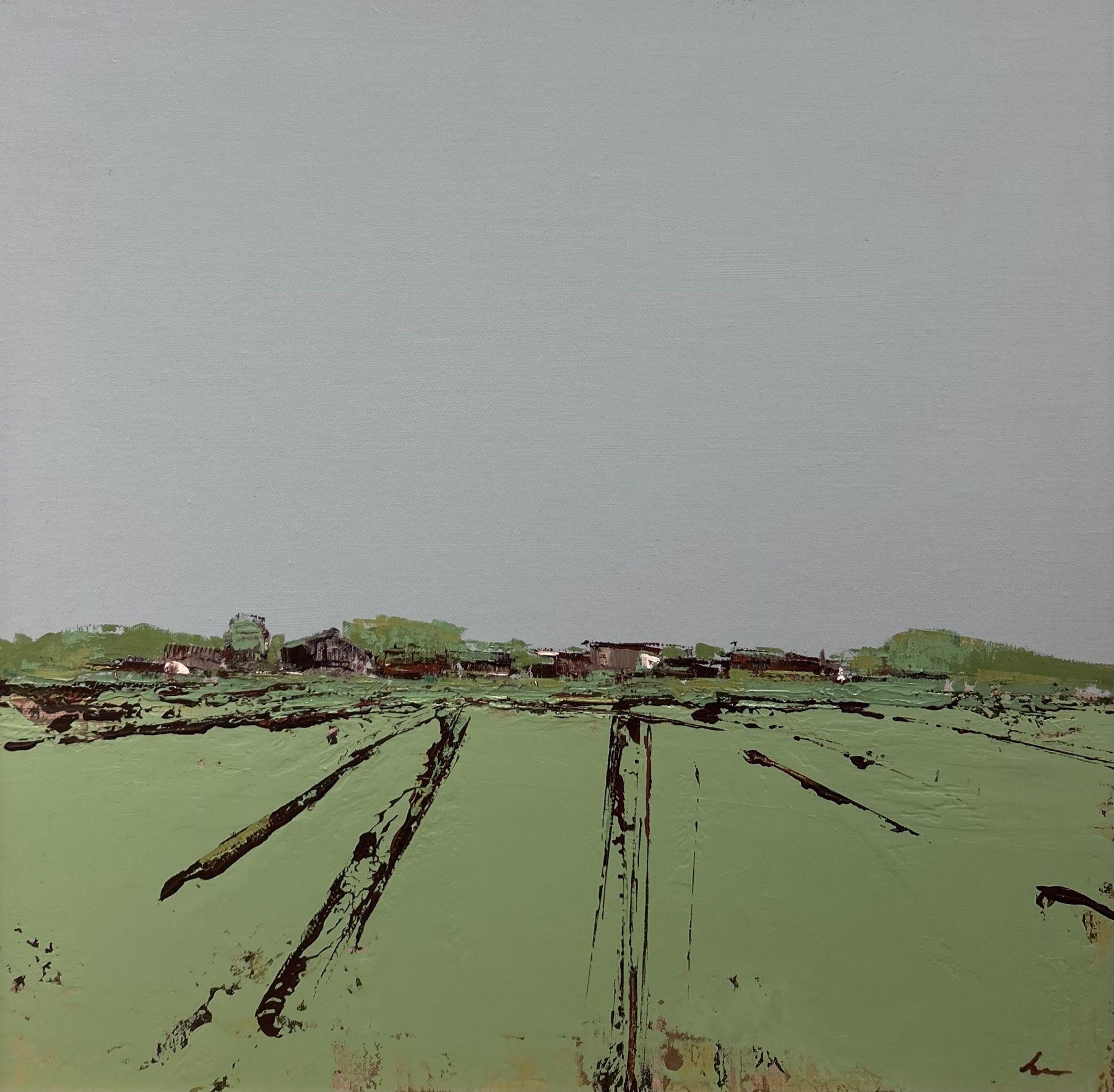 This piece, "Green Mountain Farm" is a 20x20 contemporary oil painting on canvas by artist Deborah Hill. Featured is a view of abstract textured lines that give the impression of rows of harvest in a lush green field. Along the horizon, a distant