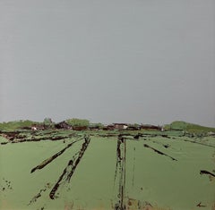 I. Hill, "Fattoria della montagna verde" 20x20 Paesaggio rurale dipinto a olio su tela