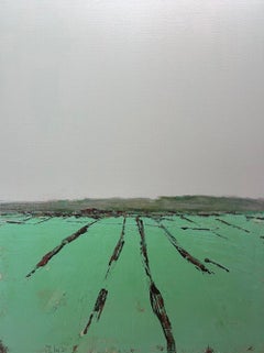 Deborah Hill, "Jeb's Farm", 40x30 Rural Green Landscape Oil Painting on Canvas