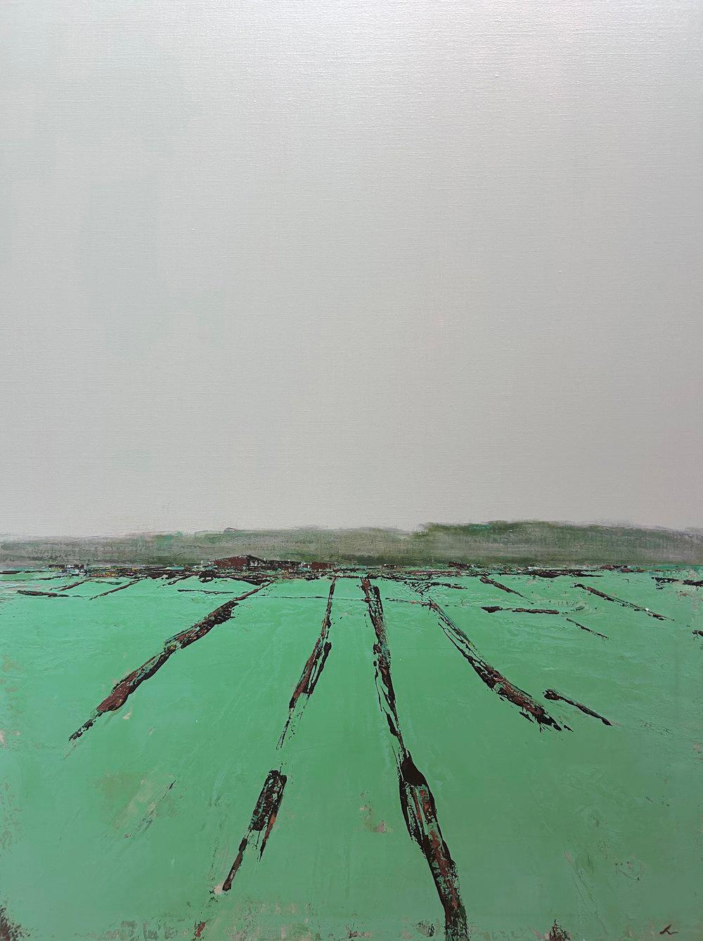 Esta obra, "La granja de Jeb", es un óleo contemporáneo de 40x30 sobre lienzo de la artista Deborah Hill. Se muestra una vista de líneas abstractas texturadas que dan la impresión de hileras de mieses en un exuberante campo verde. Mientras que un