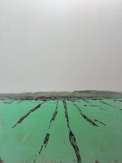 Deborah Hill, "Jeb's Farm", 40x30 Rural Green Landscape Oil Painting on Canvas