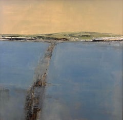 Deborah Hill, "El camino", 36x36 Paisaje abstracto azul Pintura al óleo sobre lienzo