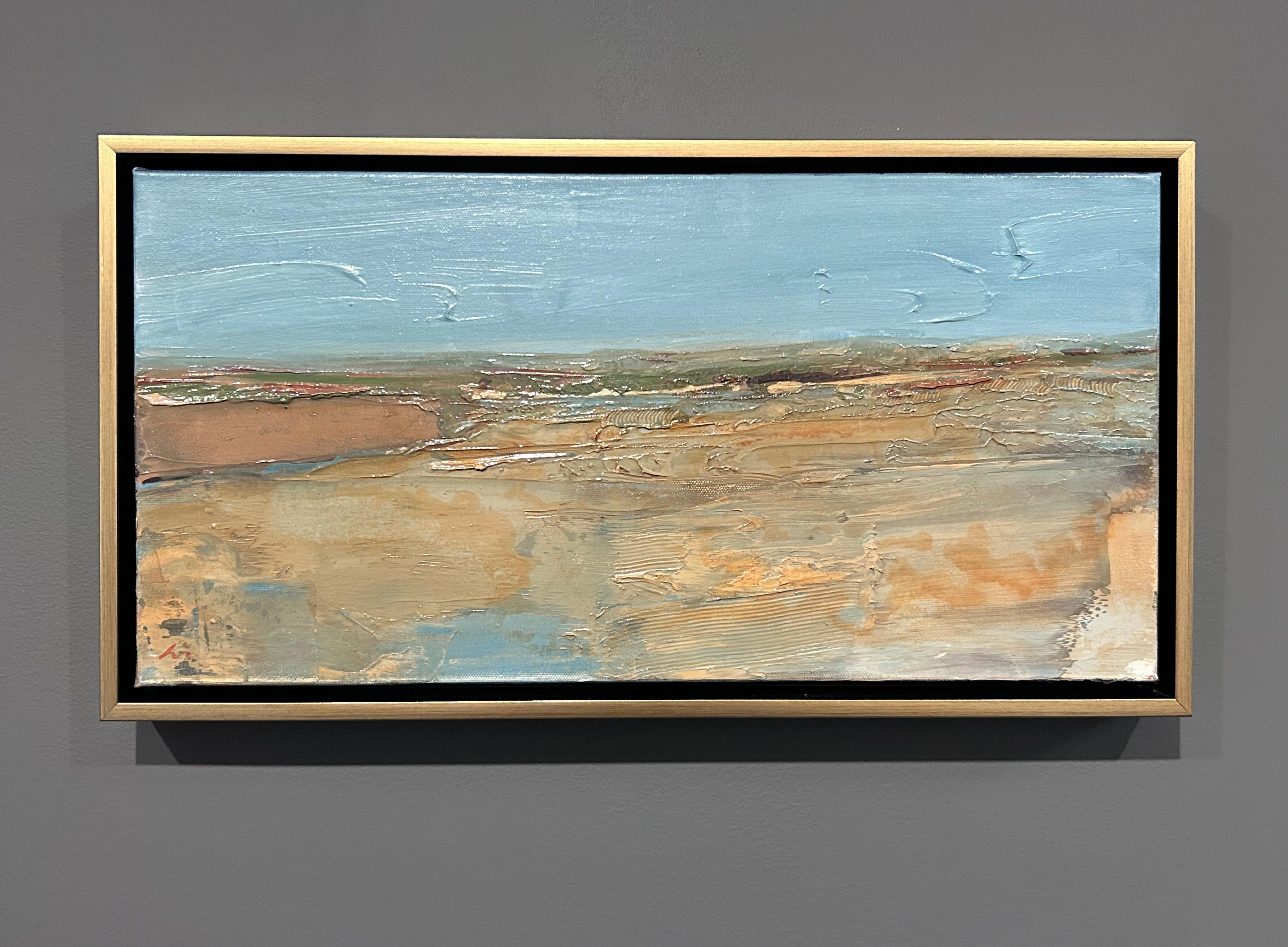 Deborah Hill, „The Range“, abstrakte sandblaue Landschaft, Ölgemälde, 10x20 im Angebot 1