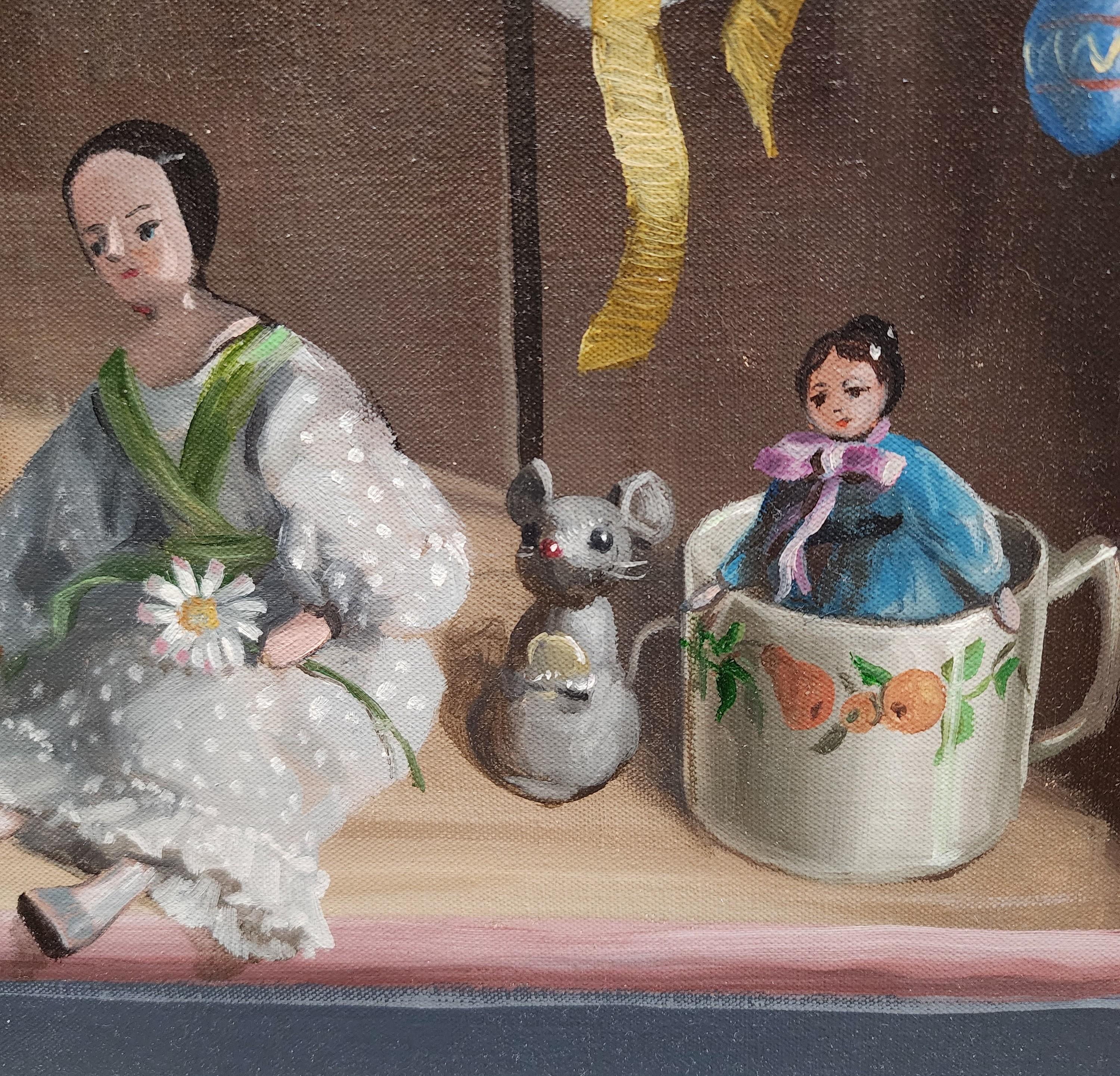 Colección de Muñecas, Pájaros, Conchas, Canicas, Juguetes - Still-Life Painting Marrón de Deborah Jones