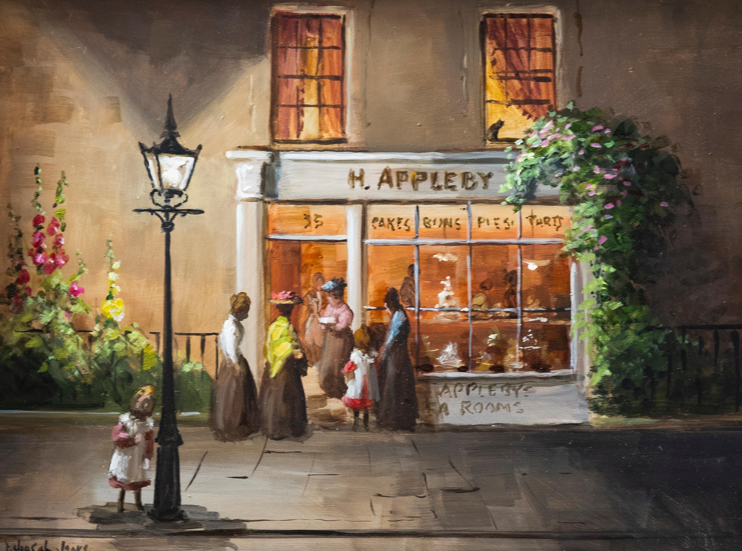 A charming 20th century street scene in oil, depicting the frontage of an Edwardian tea rooms with magnificent window display. Figures can be seen queuing at the door for a reservation. The painting has been well-presented in an elegant gilt-effect