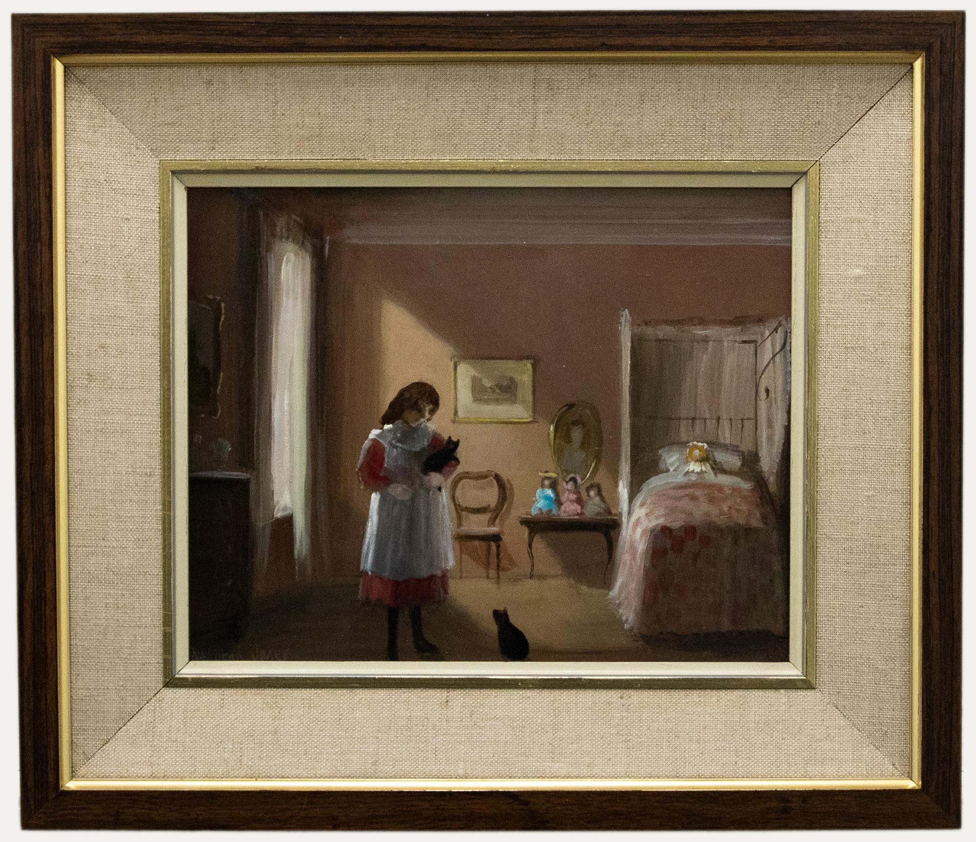 A charming interior study depicting a young Edwardian girl playing with two young kittens in her favourite pink room- her bedroom. Jones has signed the composition to the lower left and the painting has been well presented in an attractive wood