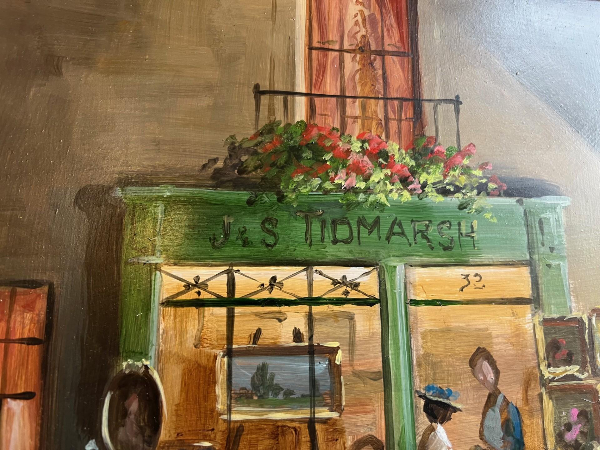 Street Scene im viktorianischen Stil mit viktorianischen Figuren, gerahmtes Ölgemälde (Braun), Figurative Painting, von Deborah Jones