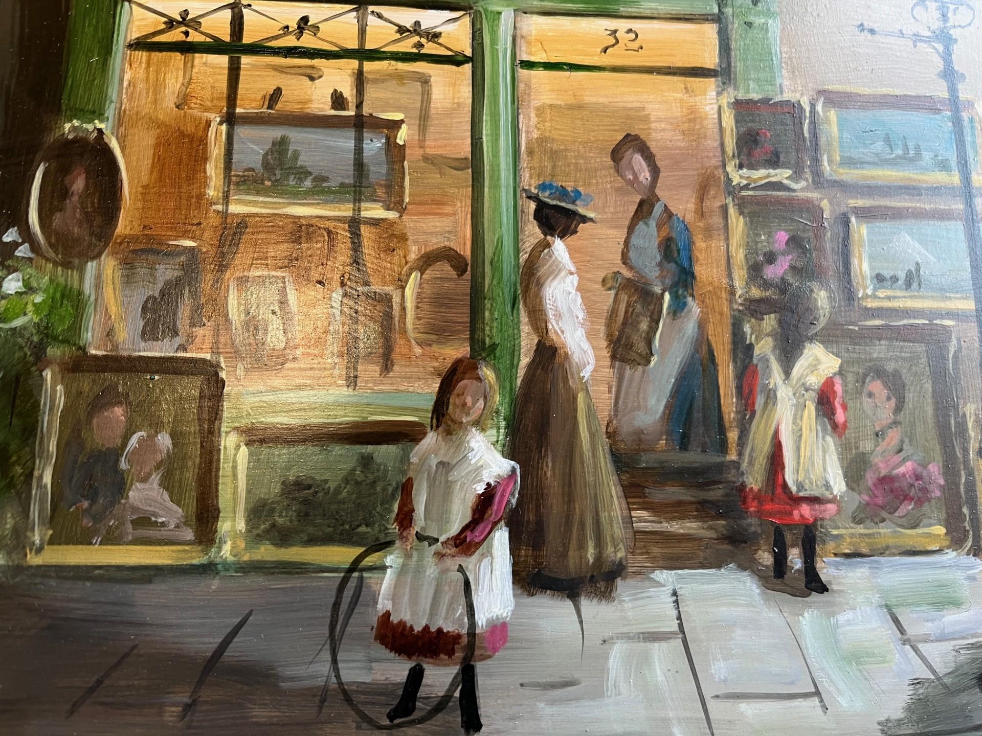 Deborah Jones
Britisch 1921 bis 2012

Straßenszene im viktorianischen Stil mit viktorianischen Figuren Gerahmtes Ölgemälde.
Eine typische Szene von Deborah Jones, die eine Art Gallery mit Figuren zeigt, die sich in viktorianischen Kostümen auf der