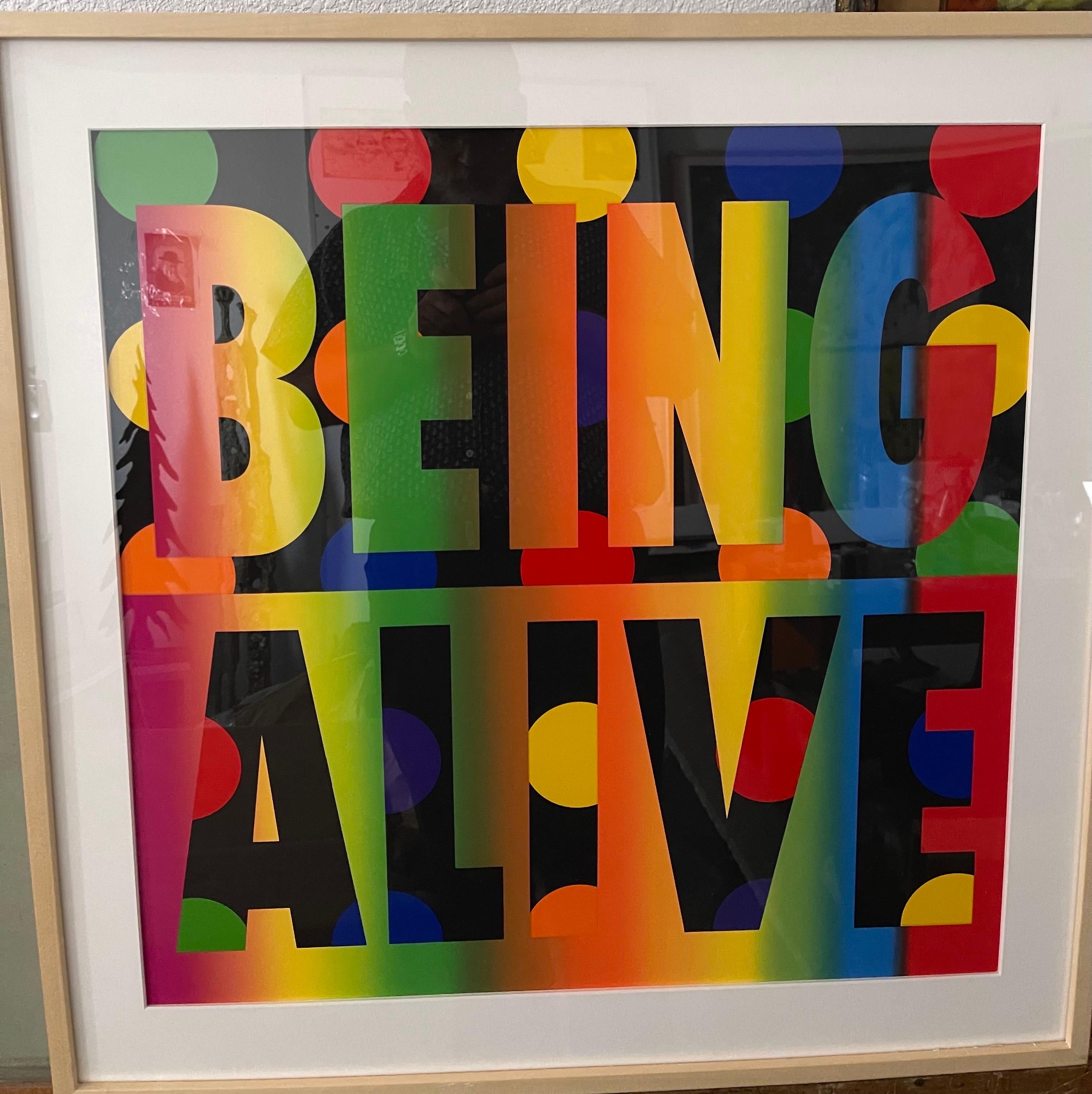 Deborah Kass (born 1952)
Being Alive, 2012
nine-color silkscreen, one color blend on 2-ply museum board
Image 24 x 24 image. Frame 29 x 29 x 2 inches
Edition 1/65
Hand signed and dated in pencil, lower right verso; numbered lower left verso

Being