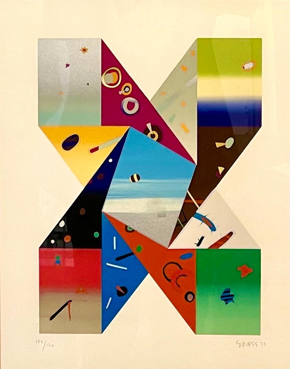 Deborah Kass (geboren 1952)
Limitierte Auflage einer abstrakten geometrischen Lithographie in Farben auf Künstlerpapier. 
Handsigniert und datiert mit Bleistift unten rechts. 1973. 
Auflage: 102/120 unten links. 
Abmessungen: Visier: 16-3/4" B x