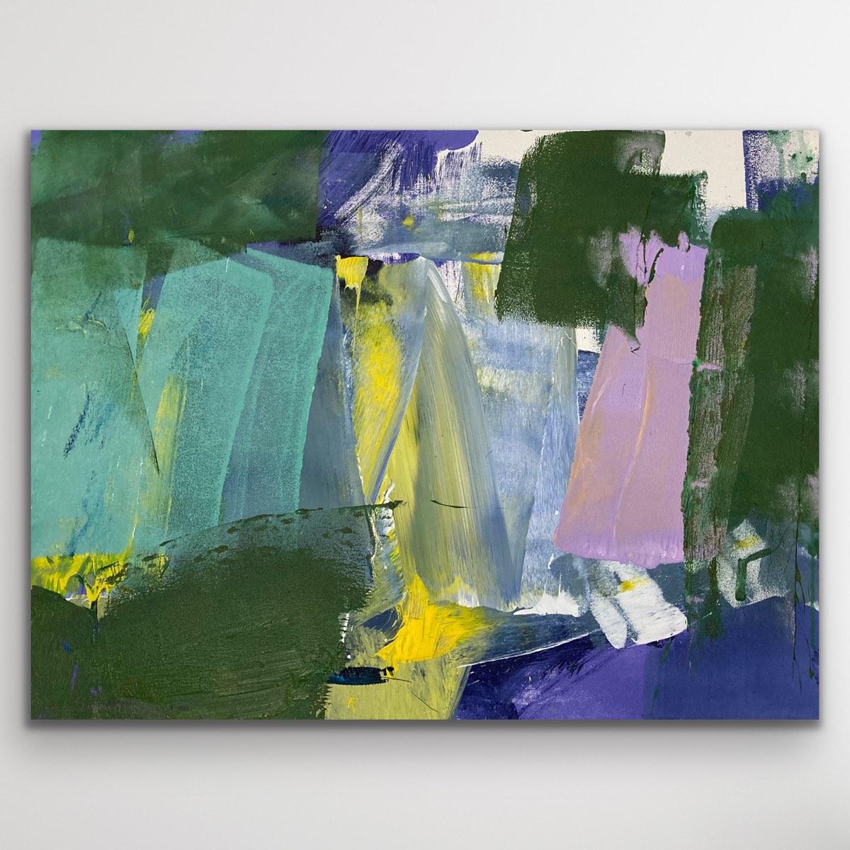Closer: Yellow, Green and Pink Abstract Painting on Canvas by Deborah Lanyon For Sale 1