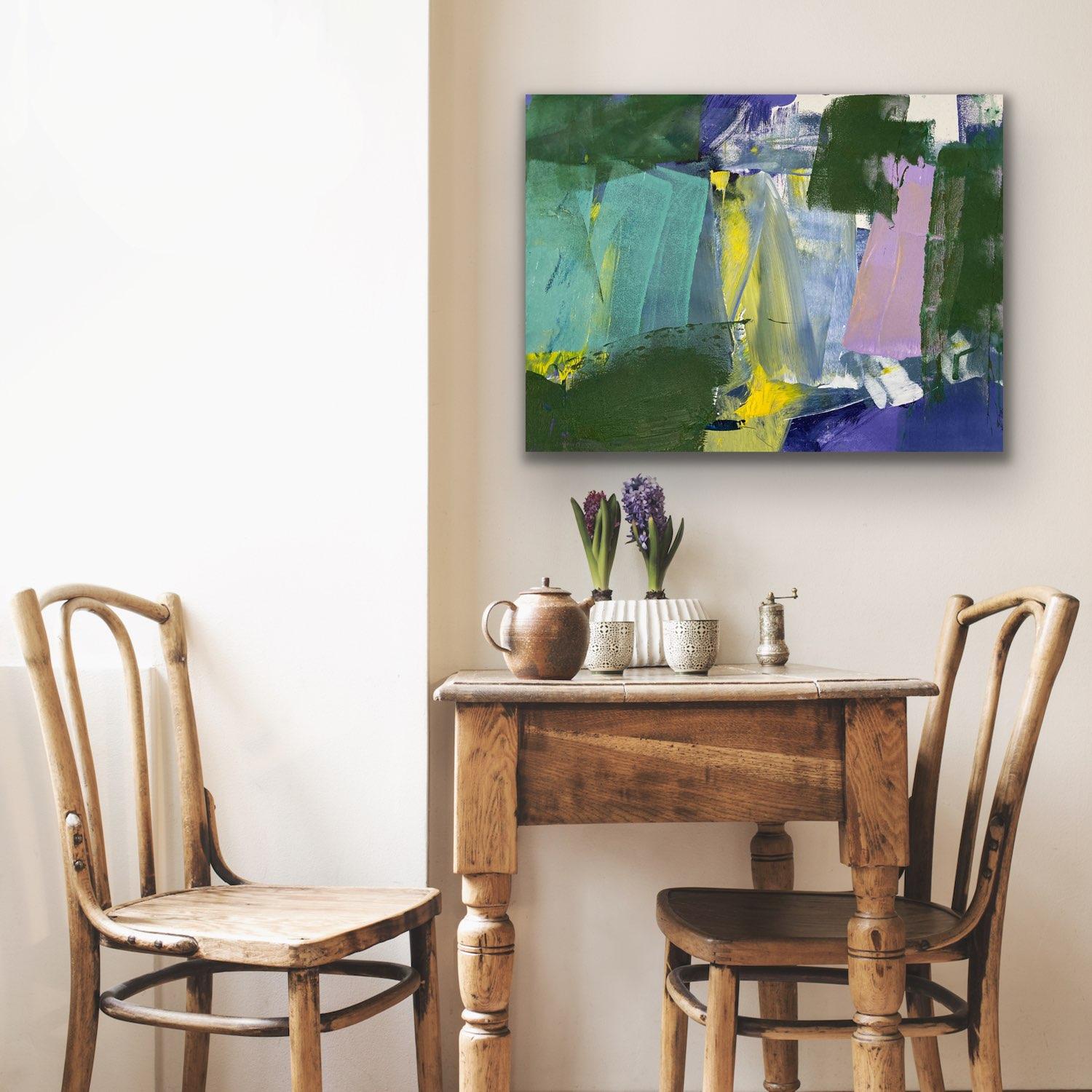 Closer: Yellow, Green and Pink Abstract Painting on Canvas by Deborah Lanyon For Sale 2