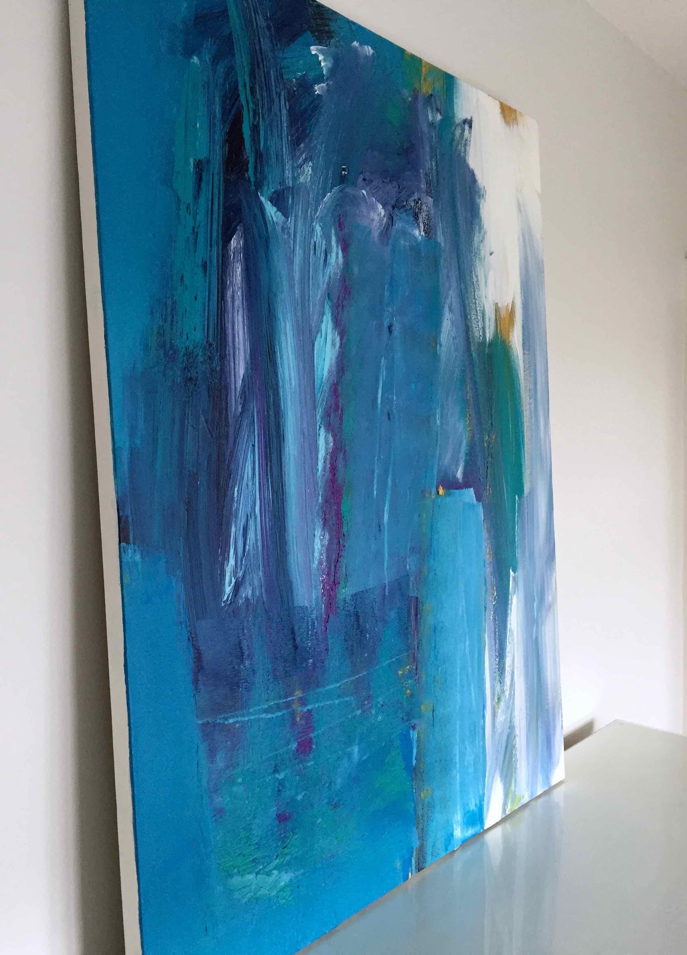 Kew Series I: Large, Abstract, Gestural Painting in Blues and Yellow For Sale 1