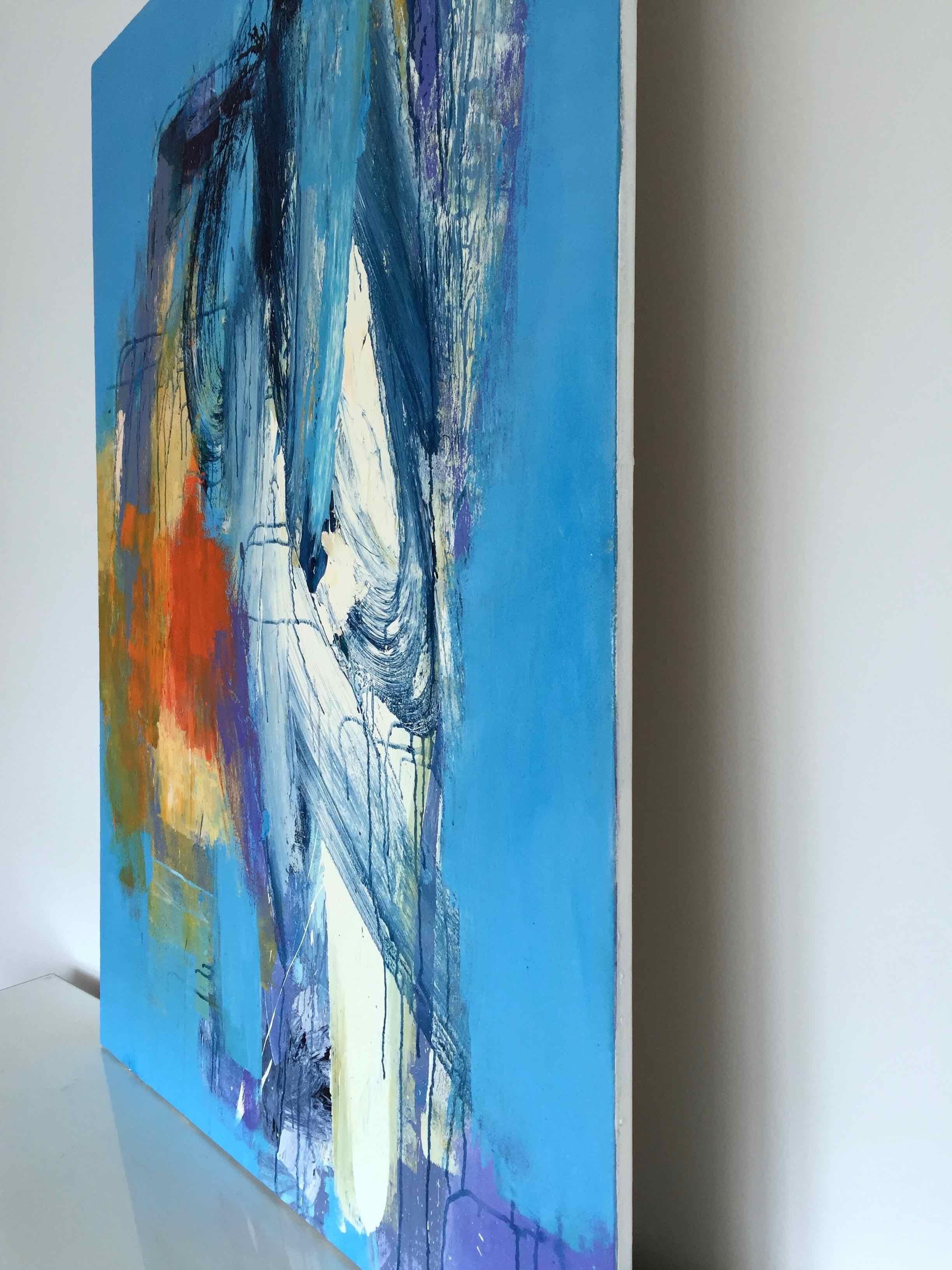 Shape of Water: Large, Abstract Painting in Blues and Orange For Sale 1