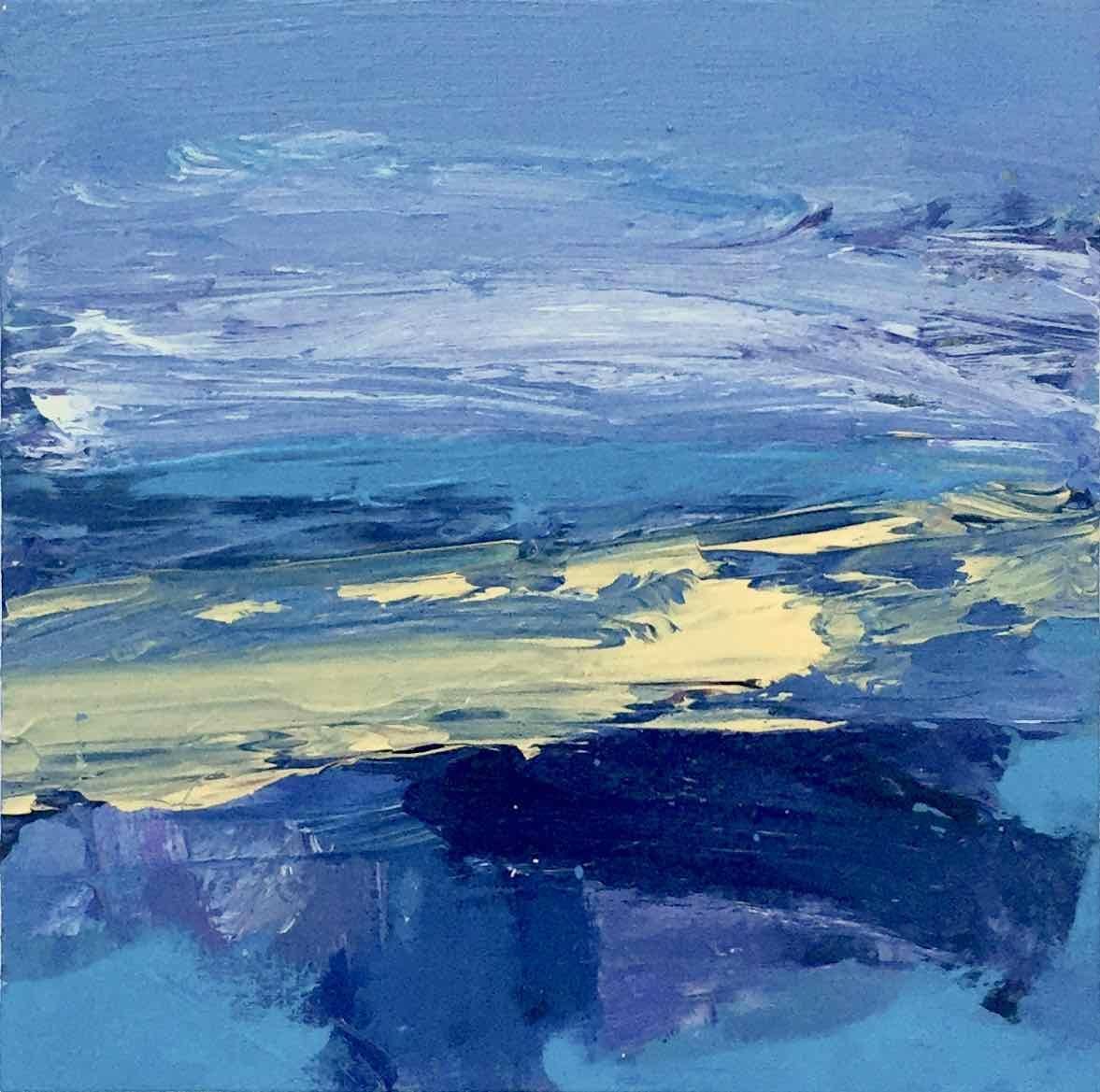 Deborah Lanyon Abstract Painting - Southsands: Small, Abstract, Gestural Painting in Blues and Yellows