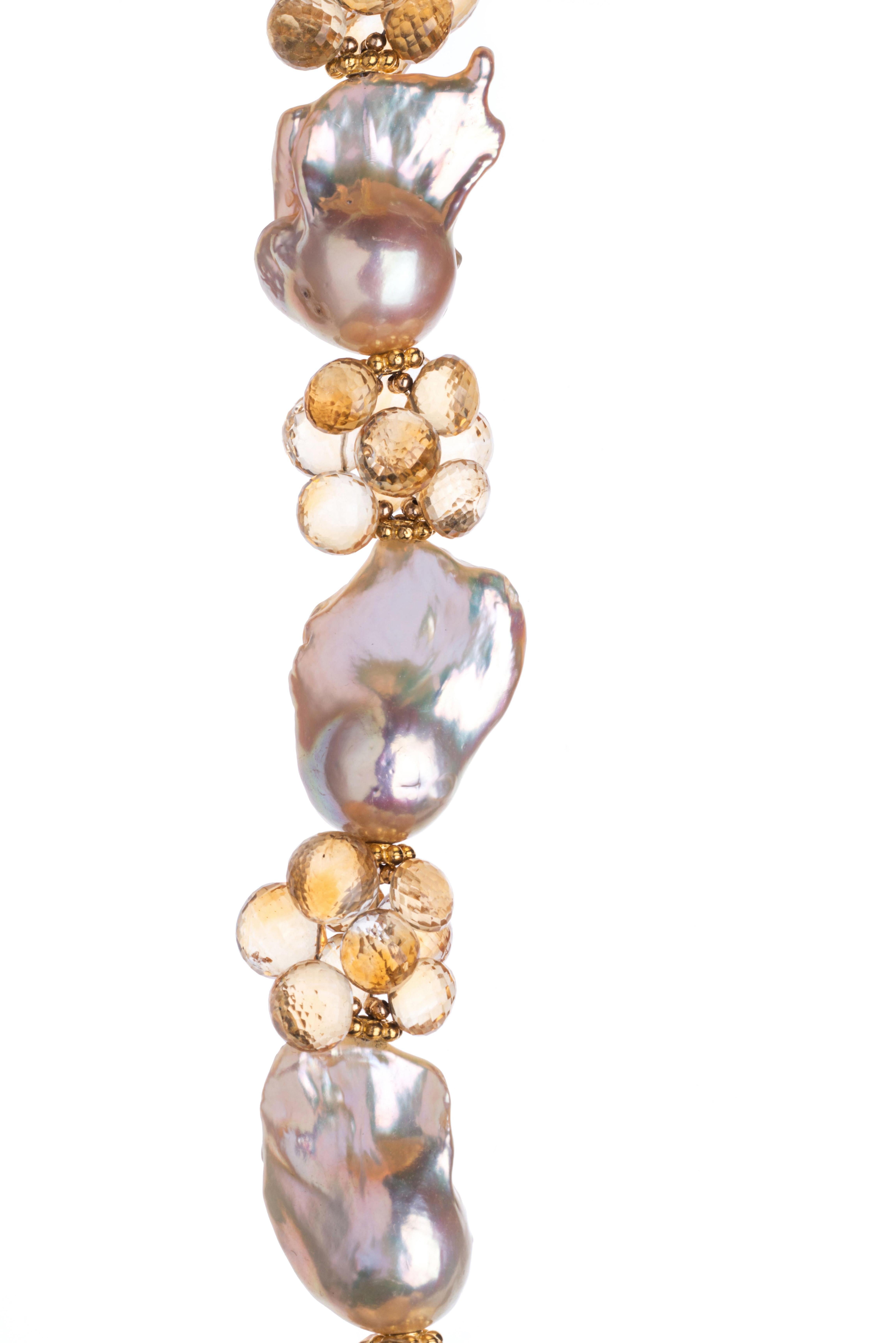 Modern Deborah Liebman Baroque Peach Pearls Citrine Yellow Gold Necklace For Sale