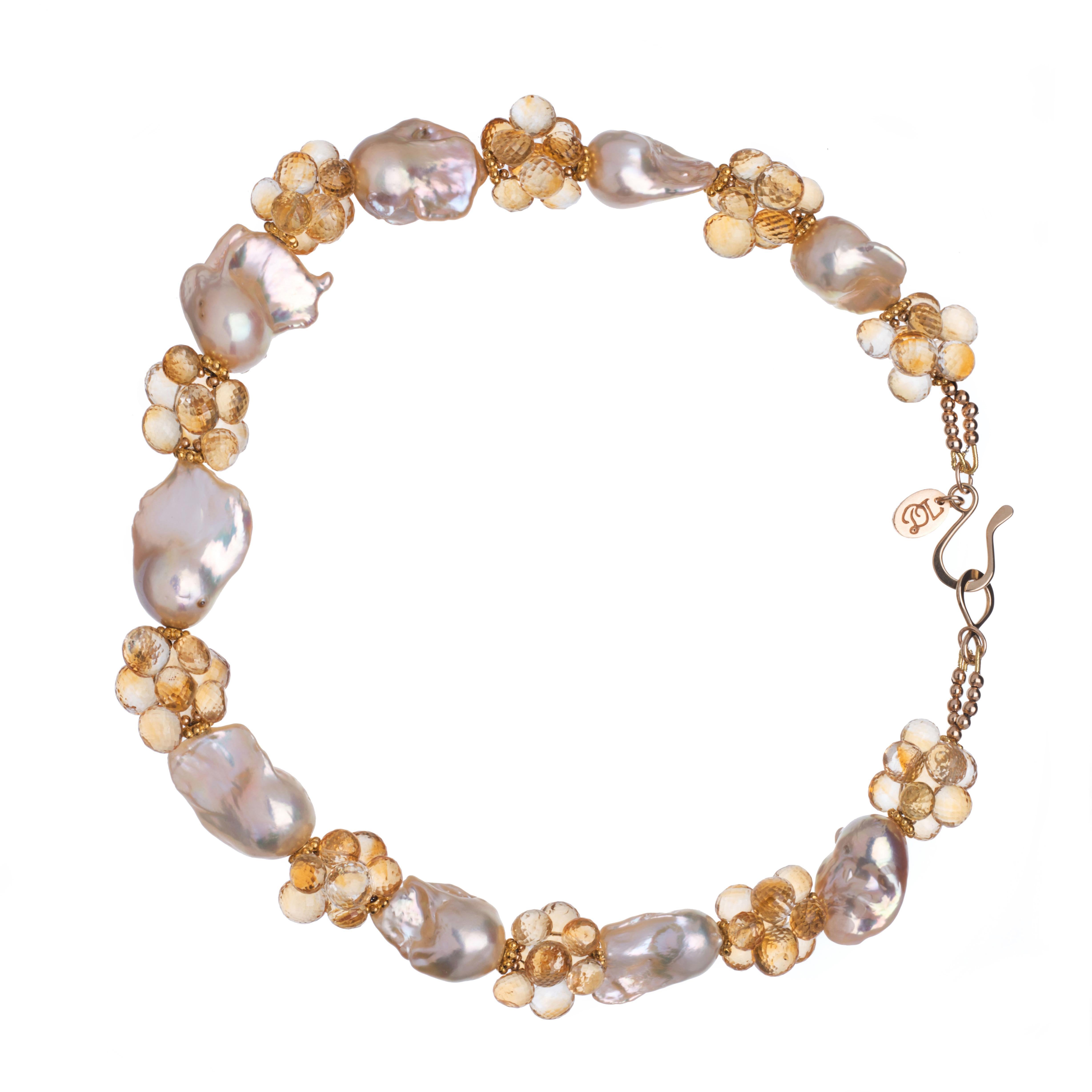 Deborah Liebman Baroque Peach Pearls Citrine Yellow Gold Necklace In New Condition For Sale In Kansas City, MO