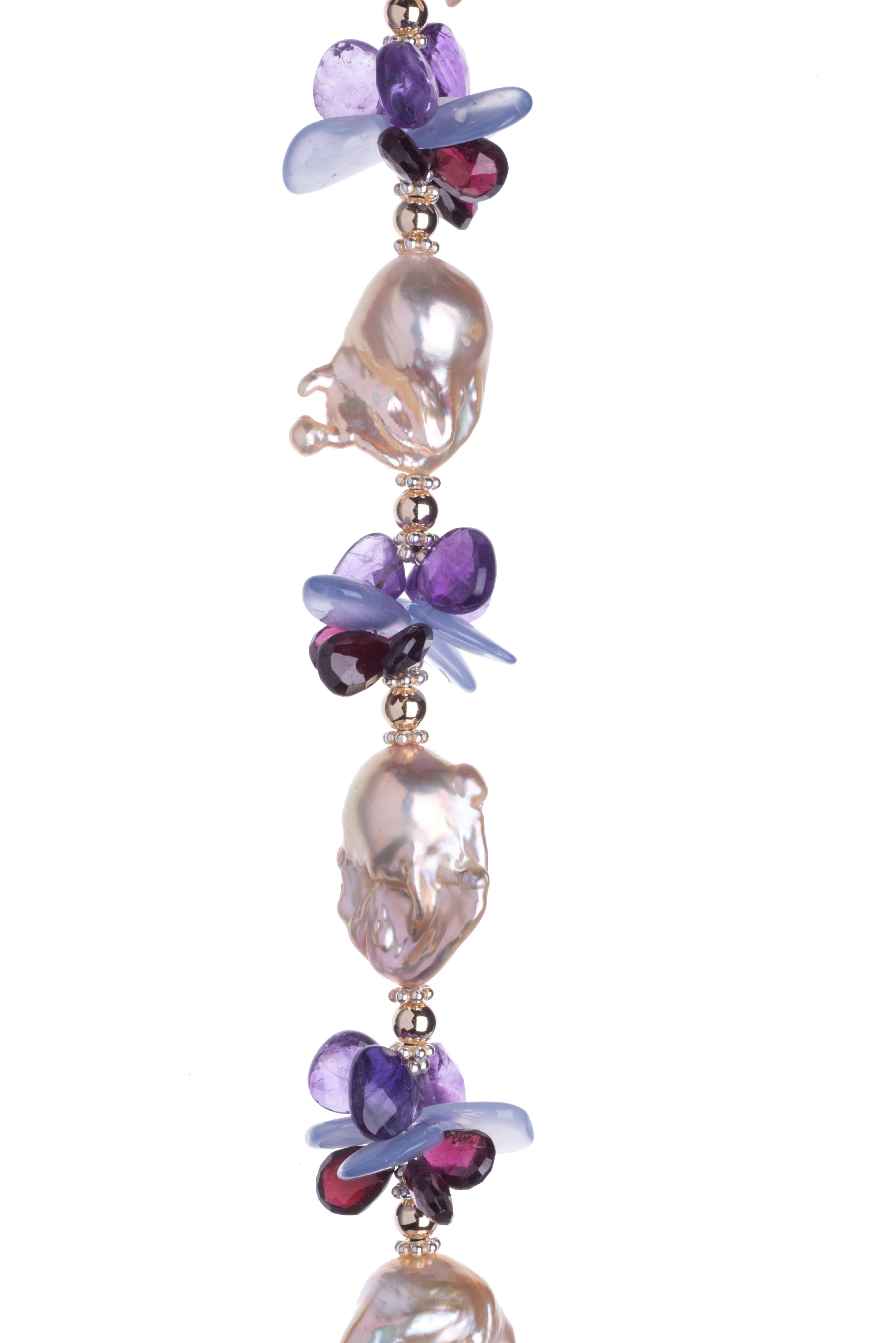 Modern Deborah Liebman Peach Pearl Purple Amethyst Lilac Chalcedony Garnet Necklace For Sale