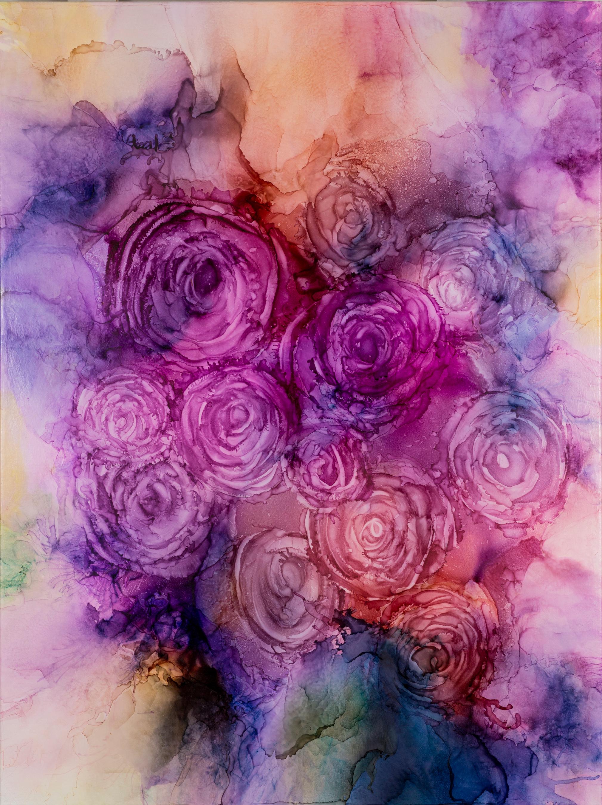 Deborah Llewellyn Abstract Painting - "Exhale"  -   Pinks, mauves & purple Floral Abstract colorful painting on canvas