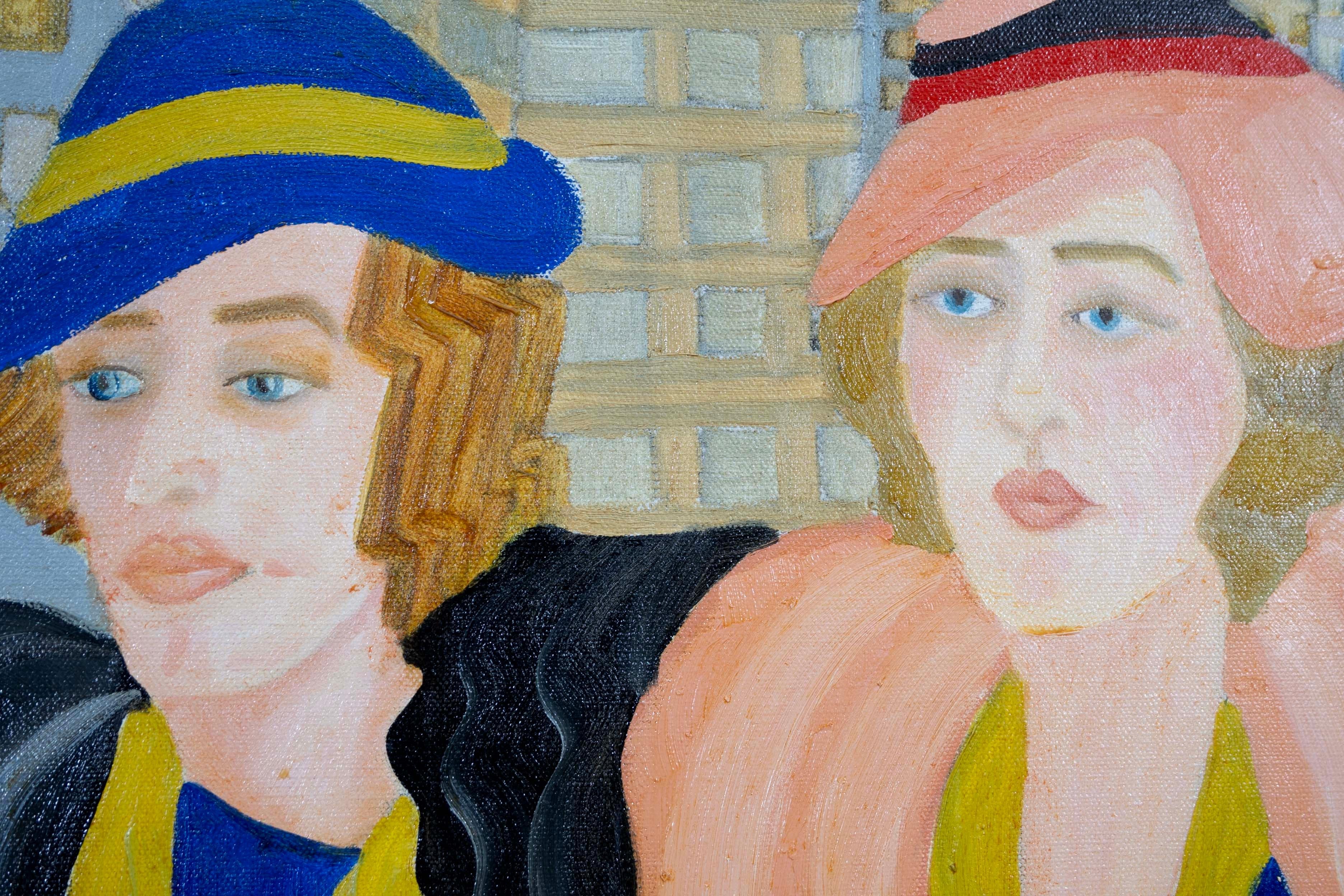 XX secolo Pittura a olio su tela firmata da Deborah Marlowe Kashdan The Chicago Girls con cornice in vendita