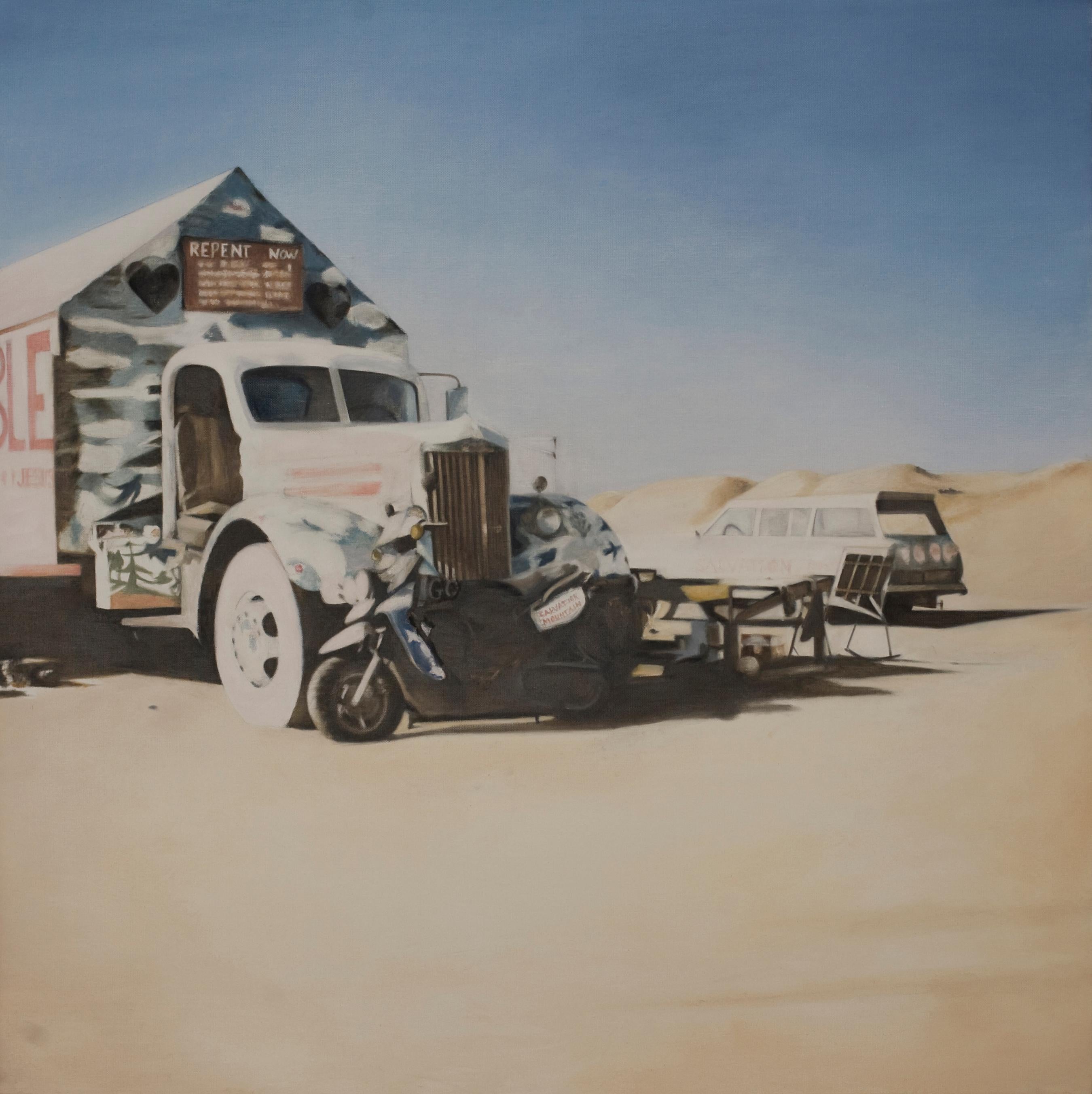 Deborah Martin Figurative Painting - DEBORAH MARTIN, "Repent Now", oil on canvas, pick up truck & motorcycle painting