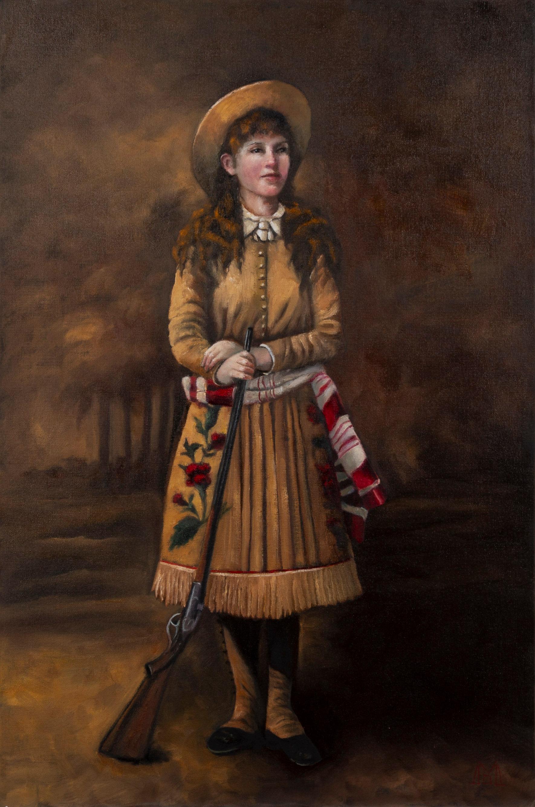 Annie Gets Her Gun Original Deborah McKenna Huile Annie Oakley Western Portrait en vente 1