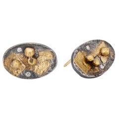 Deborah Meyers Contemporary Mixed Metal Sterling Gold Diamond Stud Earrings