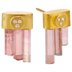 Deborah Meyers Experience Pink Tourmaline Crystal Diamond and Gold Drop Earrings
