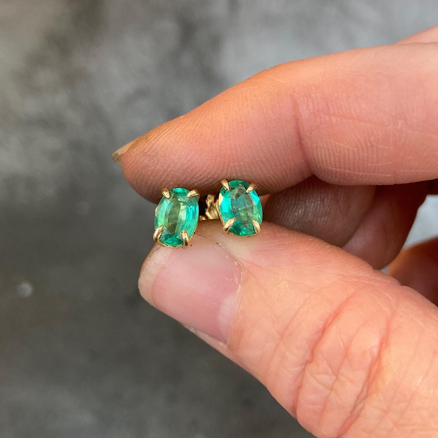 One of a Kind 18K Yellow Gold Claw Set asymmetrical Stud Earrings by Deborah Murdoch is from the new Empress Collection featuring two oval Green Emerald Stones.

Emerald Stones have traditionally been associated with attracting abundance and wealth.