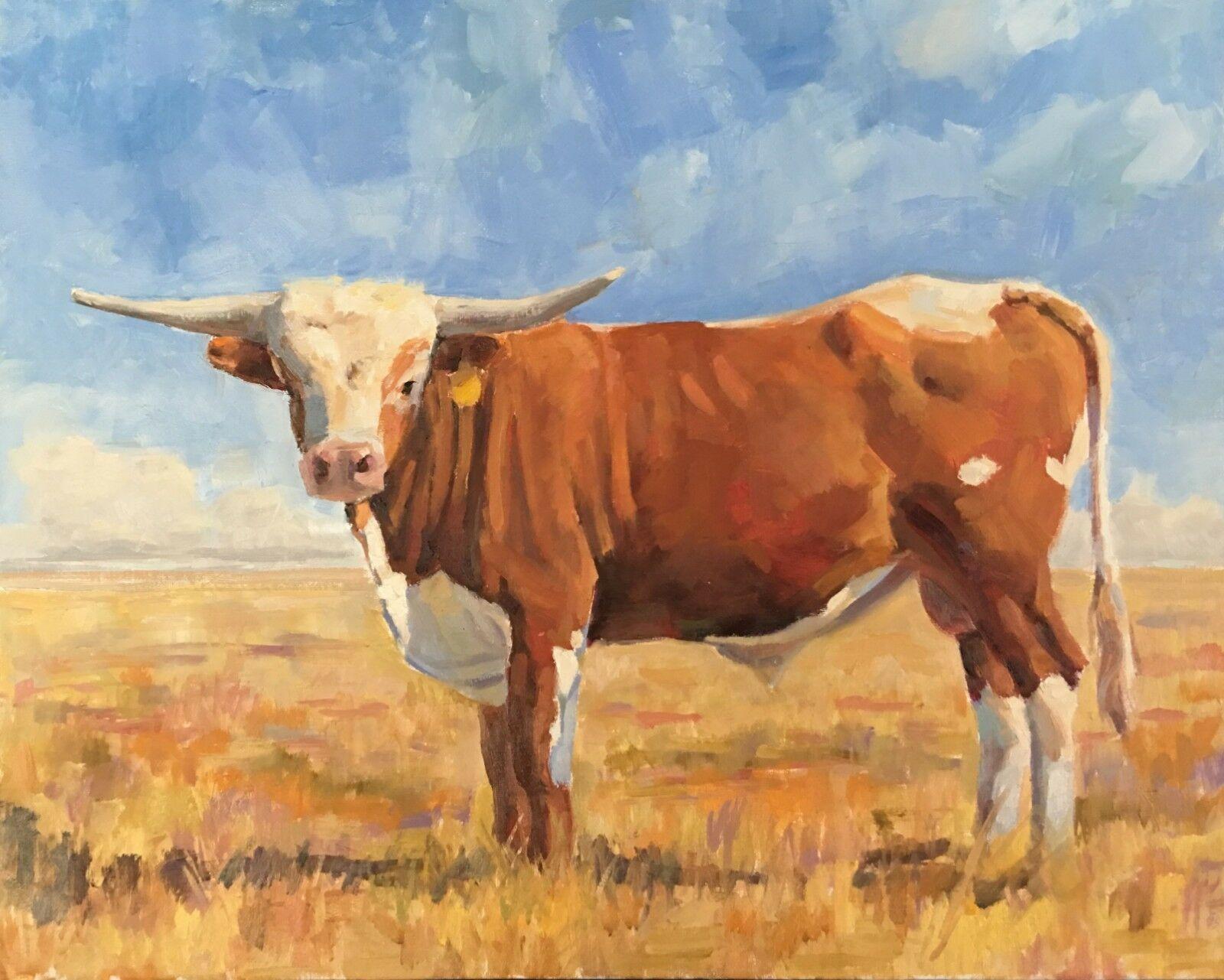 Deborah Newman Animal Painting - Bevo (Contemporary Realistic Cow Oil Painting)